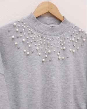 Yarım Boğazlı Önü İncili Taşlı Sweat -Gri