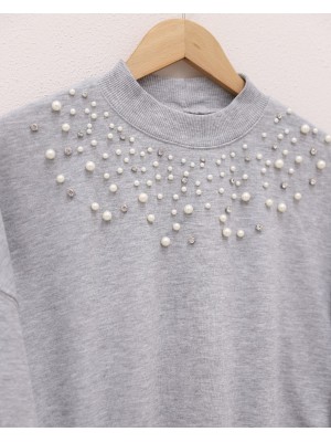 Yarım Boğazlı Önü İncili Taşlı Sweat -Gri