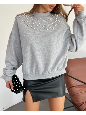 Yarım Boğazlı Önü İncili Taşlı Sweat -Gri