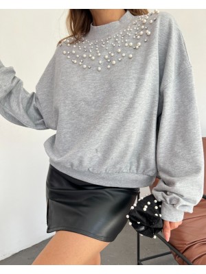 Yarım Boğazlı Önü İncili Taşlı Sweat -Gri