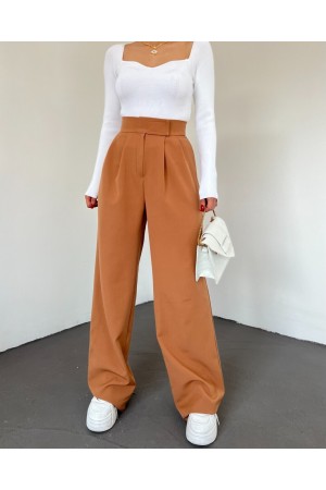 Belt Velcro Pleated Wide Leg Trousers -Snuff
