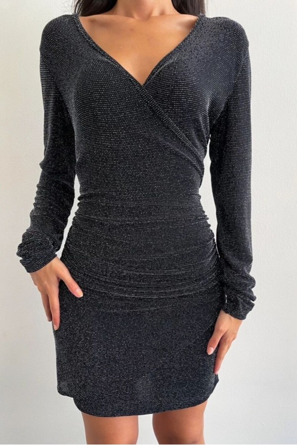 Long Sleeve Double Breasted Glitter Dress -Black