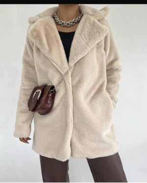 İçi Astarlı Cepli Kürklü Ceket -Taş