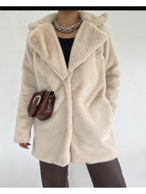 İçi Astarlı Cepli Kürklü Ceket -Taş