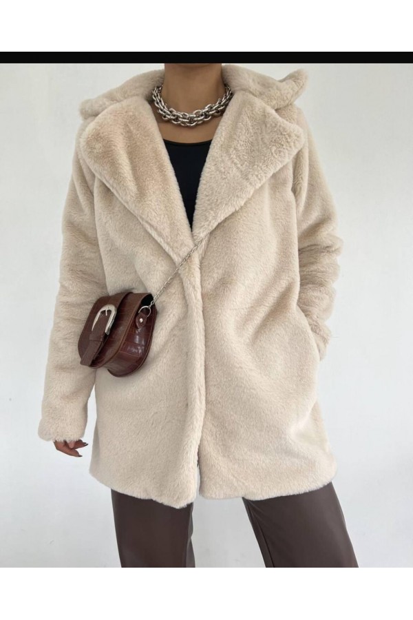 Furry Jacket with Lined Inside and Pockets -Stone