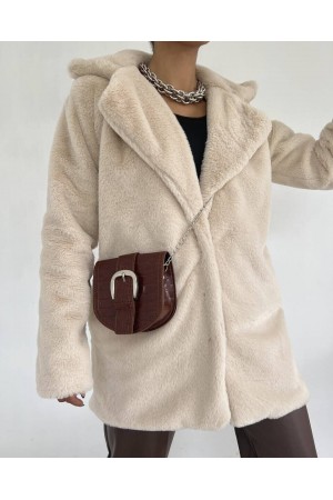 İçi Astarlı Cepli Kürklü Ceket -Taş