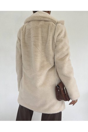 İçi Astarlı Cepli Kürklü Ceket -Taş