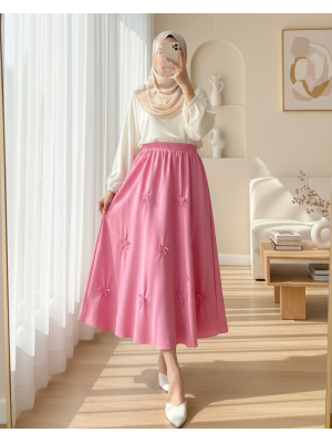 Beli Lastikli Fiyonk Detaylı Poplin Etek -Pembe