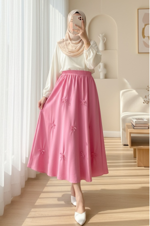 Beli Lastikli Fiyonk Detaylı Poplin Etek -Pembe