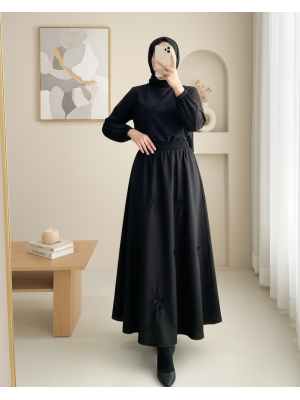 Beli Lastikli Fiyonk Detaylı Poplin Etek -Siyah