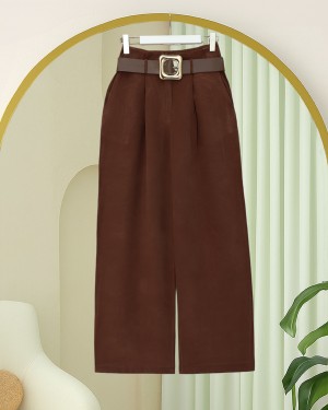 بنطلون كريب مودال واسع الساق مع حزام بإبزيم وخصر مطوي -بنى