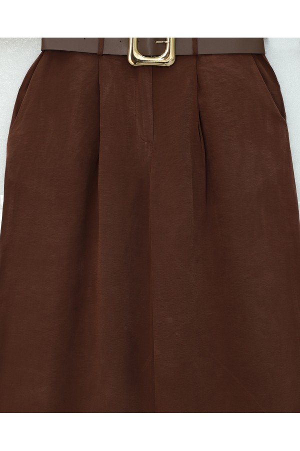 Tokalı Kemerli Beli Katlamalı Bol Paça Modal Krep Pantolon  -Kahverengi