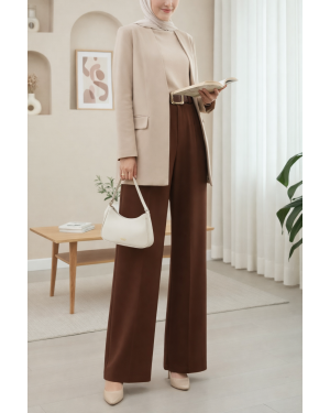 بنطلون كريب مودال واسع الساق مع حزام بإبزيم وخصر مطوي -بنى