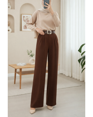 بنطلون كريب مودال واسع الساق مع حزام بإبزيم وخصر مطوي -بنى