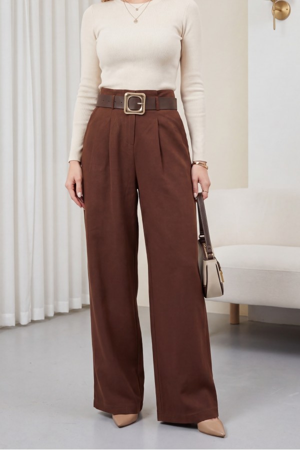 Wide Leg Modal Crepe Trousers with Buckled Belt and Folded Waist -Brown