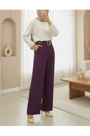 Tokalı Kemerli Beli Katlamalı Bol Paça Modal Krep Pantolon  -Mürdüm