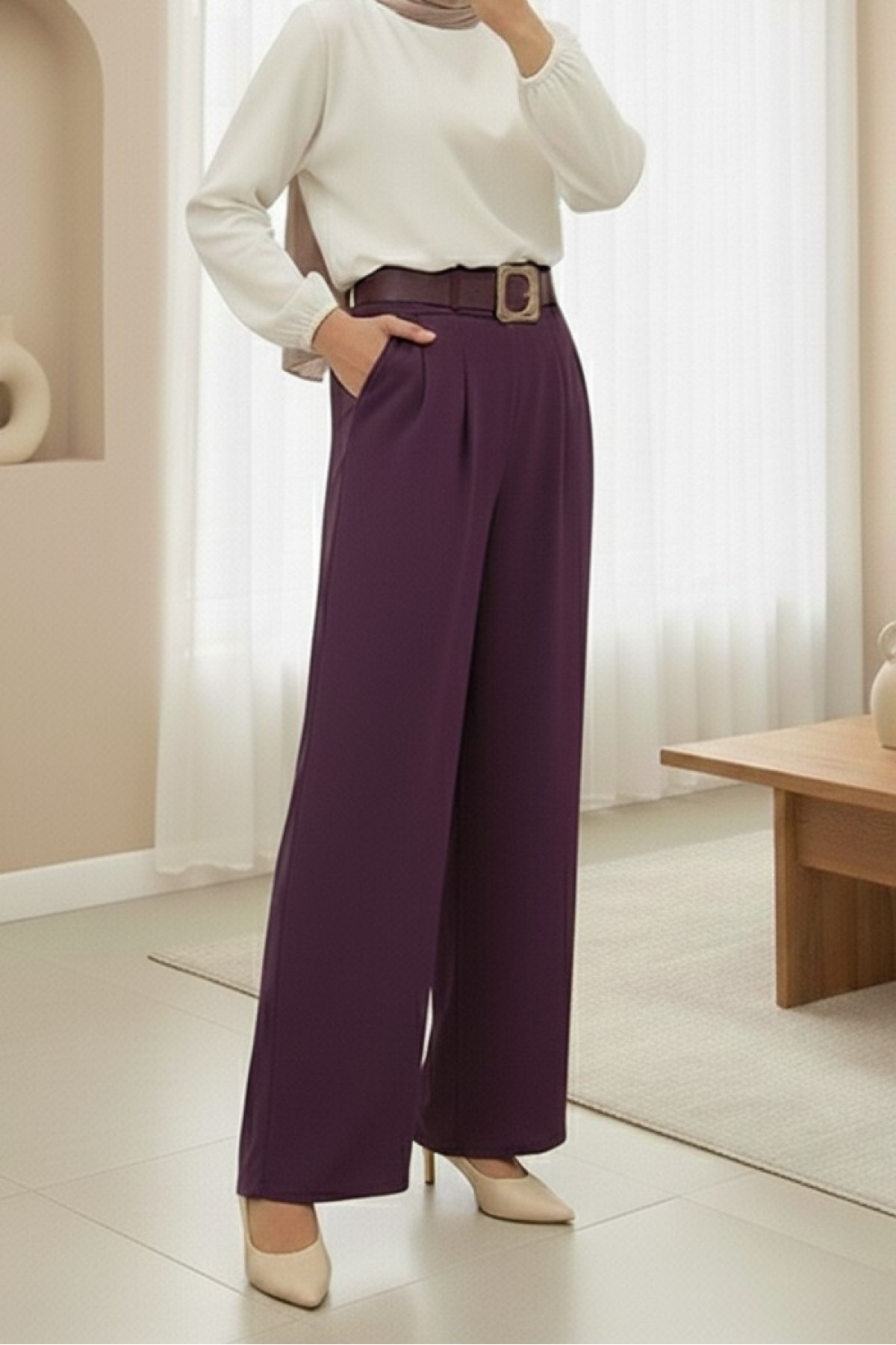 Wide Leg Modal Crepe Trousers with Buckled Belt and Folded Waist -Damson