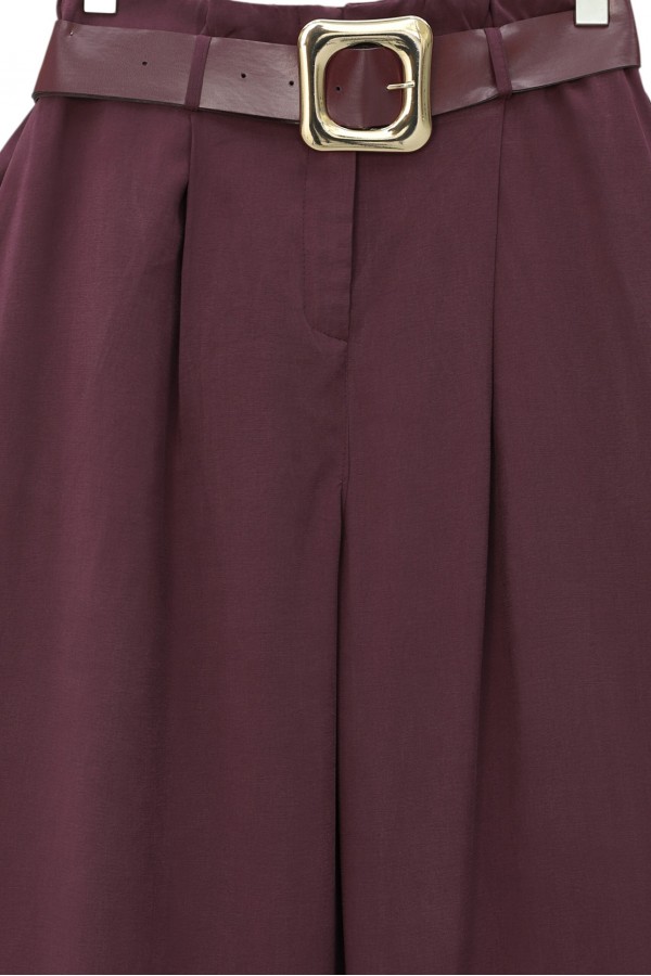 Tokalı Kemerli Beli Katlamalı Bol Paça Modal Krep Pantolon  -Mürdüm