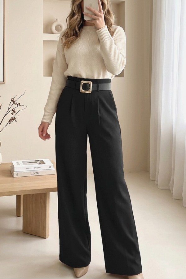 Wide Leg Modal Crepe Trousers with Buckled Belt and Folded Waist -Black
