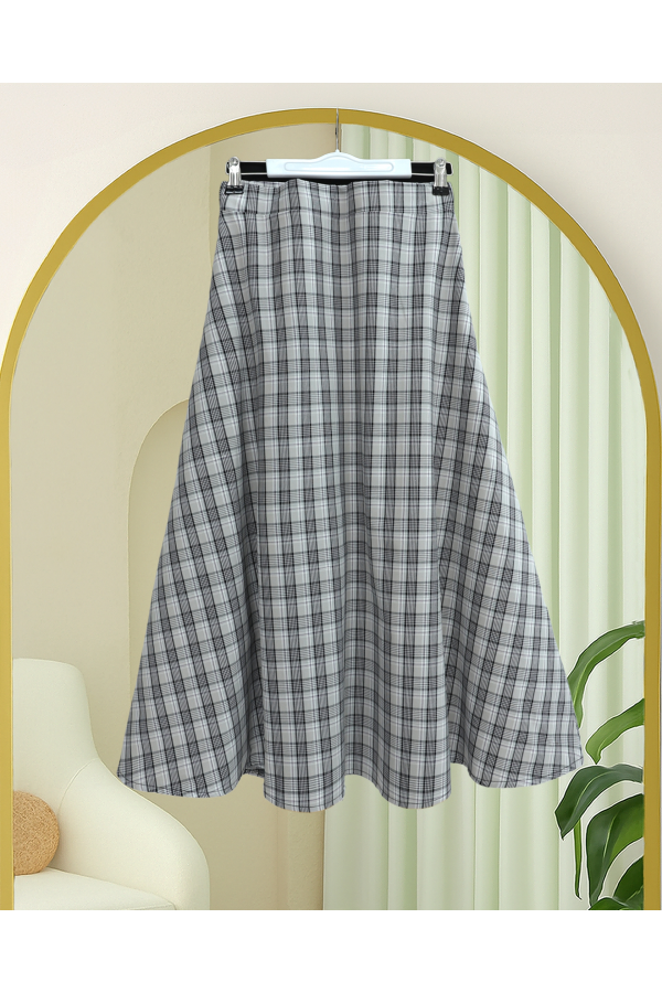 Elasticated Waist Plaid Pattern Polyviscose Skirt - Light grey