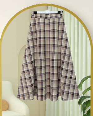Elasticated Waist Plaid Pattern Polyviscose Skirt -Brown
