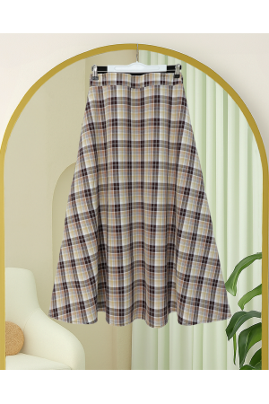 تنورة من البوليستر بنقشة مربعات وخصر مطاطي -بنى