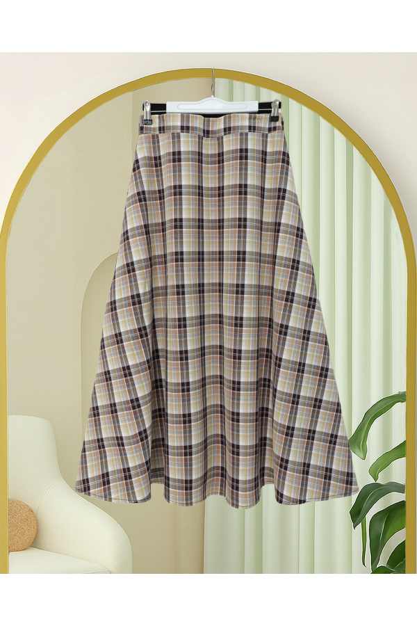 Elasticated Waist Plaid Pattern Polyviscose Skirt -Brown