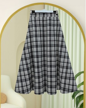 Beli Lastikli Ekose Desenli Poliviskon Etek -Siyah