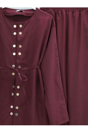 Modal Suit with Double Snap Button Detail, Round Neck, Wide Leg Trousers -Maroon