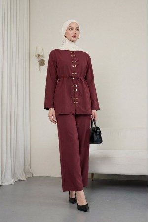 Modal Suit with Double Snap Button Detail, Round Neck, Wide Leg Trousers -Maroon