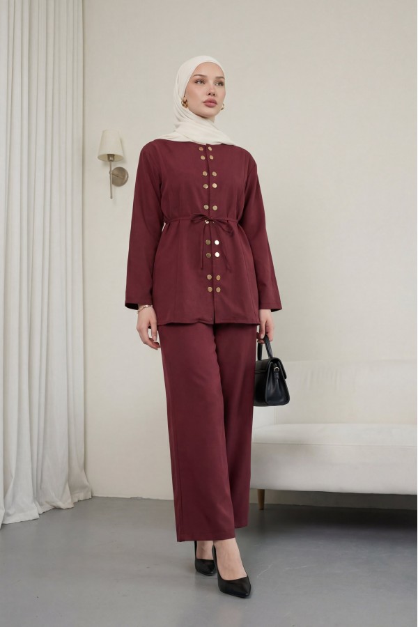 Modal Suit with Double Snap Button Detail, Round Neck, Wide Leg Trousers -Maroon