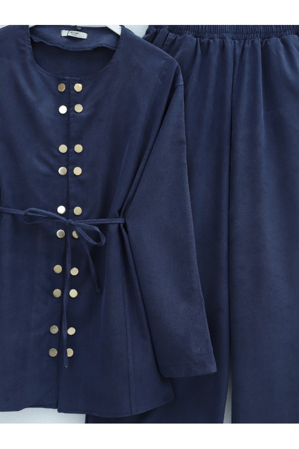 Modal Suit with Double Snap Button Detail, Round Neck, Wide Leg Trousers -Navy blue