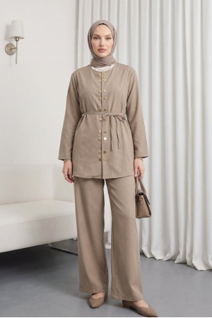 Çift Çıtçıt Detaylı Yuvarlak Yaka Bol Paça Pantolonlu Modal Takım -Vizon