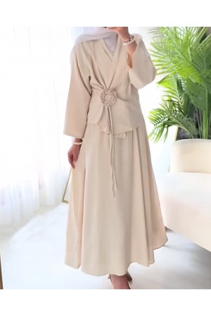 Rose Brooch Side Tie Jacket Skirt Linen Suit - Beige