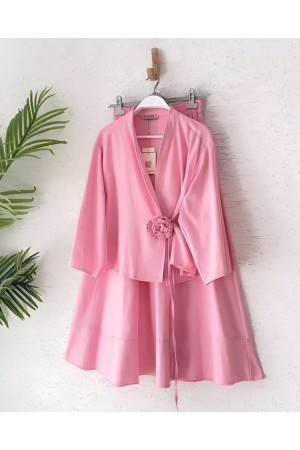 Gül Broşlu Yandan Bağlamalı Ceket Etek Keten Takım -Pembe