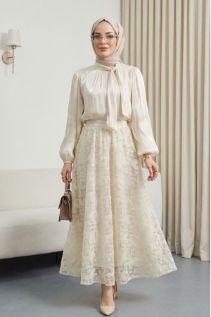 Eteği Pullu Astarlı Yakası Bağlamalı Kolu Lastikli Janjan Takım -Bej