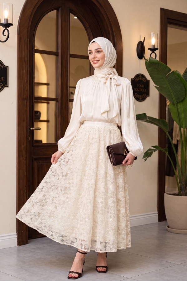 Sequined Skirt, Lined, Tie-Neck, Elasticated Sleeves, Shimmering Suit - Beige