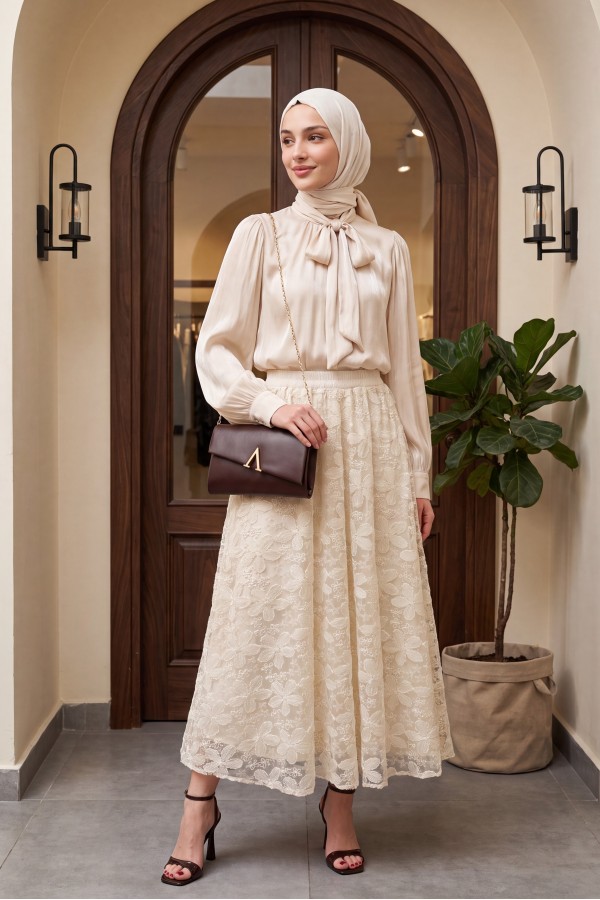 Sequined Skirt, Lined, Tie-Neck, Elasticated Sleeves, Shimmering Suit - Beige