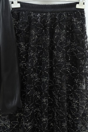 Sequined Skirt, Lined, Tie-Neck, Elasticated Sleeves, Shimmering Suit -Black