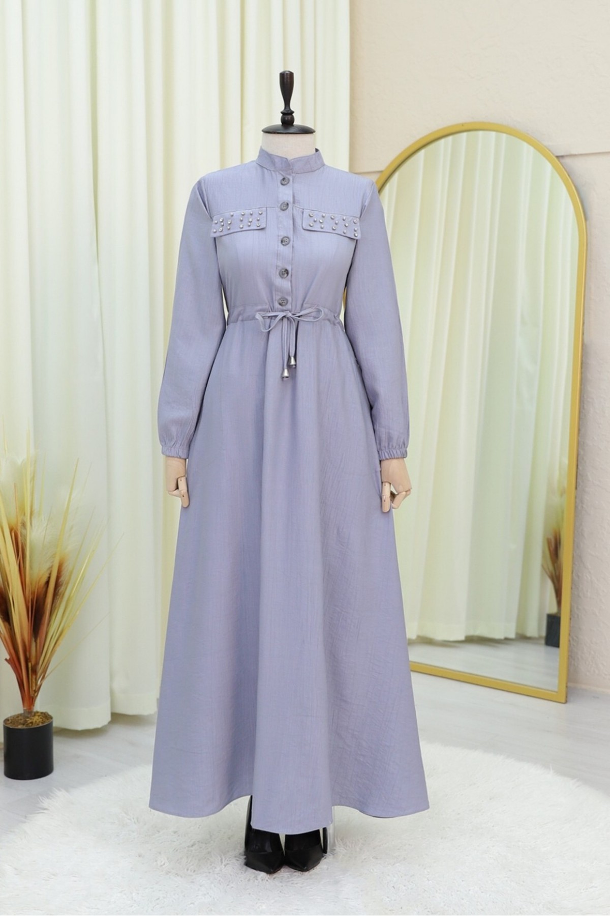 Dress with Stoned Pockets, Elasticated Sleeves and Tied Waist -Grey