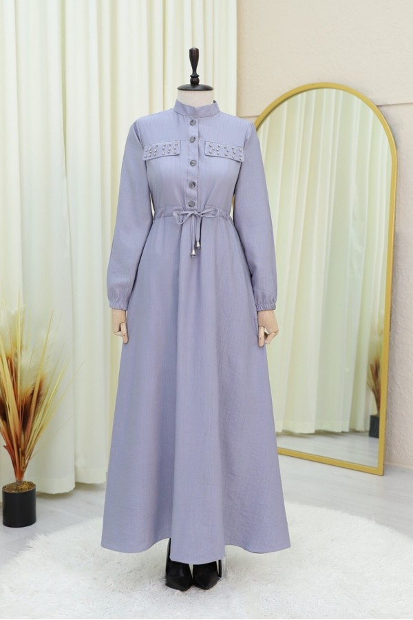 Dress with Stoned Pockets, Elasticated Sleeves and Tied Waist -Grey