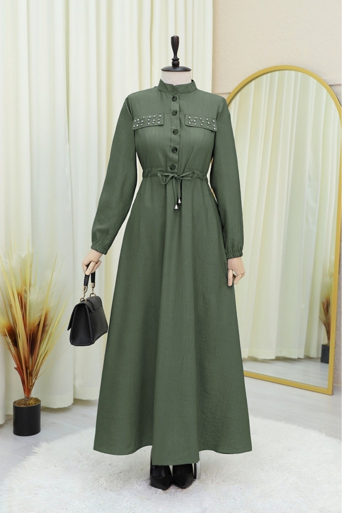 Dress with Stoned Pockets, Elasticated Sleeves and Tied Waist -Khaki