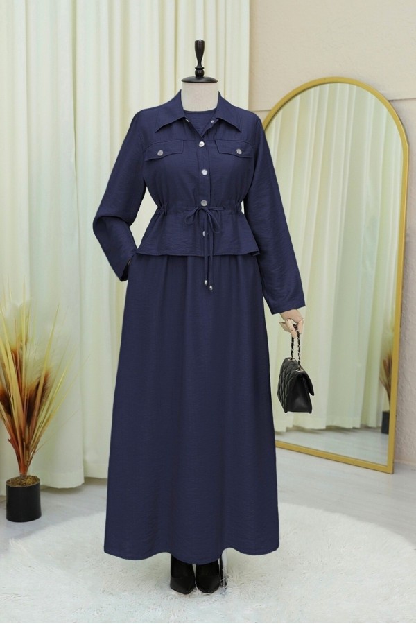 Metal Buttoned Waist Tied Shirt Vest Dress -Navy blue