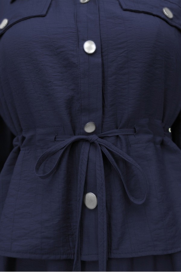 Metal Buttoned Waist Tied Shirt Vest Dress -Navy blue