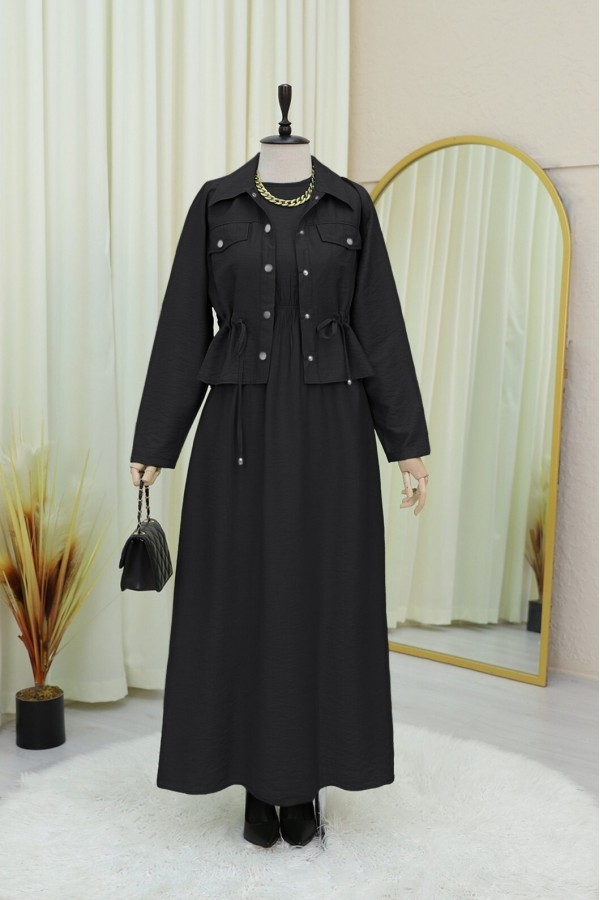 Metal Buttoned Waist Tied Shirt Vest Dress -Black