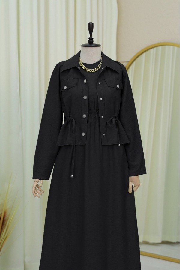 Metal Buttoned Waist Tied Shirt Vest Dress -Black