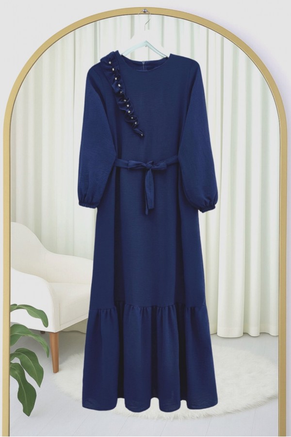 Ruffle Stone Detailed Piece Skirt Belted Ayrobin Dress  -Navy blue