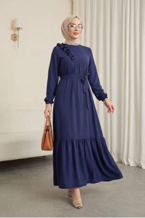 Fırfır Taş Detaylı Parça Eteklii Kemerli Ayrobin Elbise  -كحلي