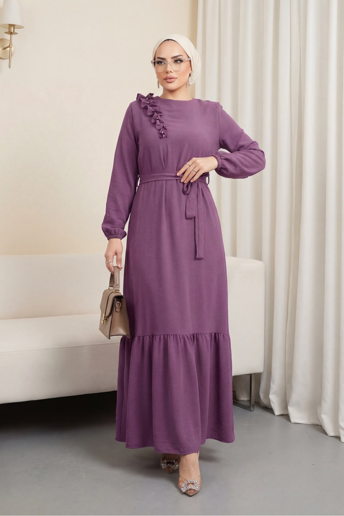 Ruffle Stone Detailed Piece Skirt Belted Ayrobin Dress  -Cherry Color