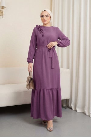 Fırfır Taş Detaylı Parça Eteklii Kemerli Ayrobin Elbise  -لون الكرز